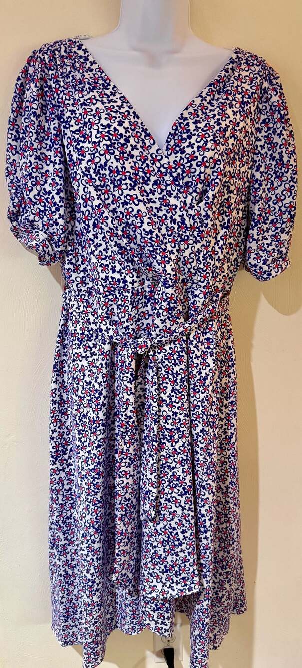 DKNY Size 14 Floral Faux Wrap Midi Dress Blue Red White Puff Sleeve Belted